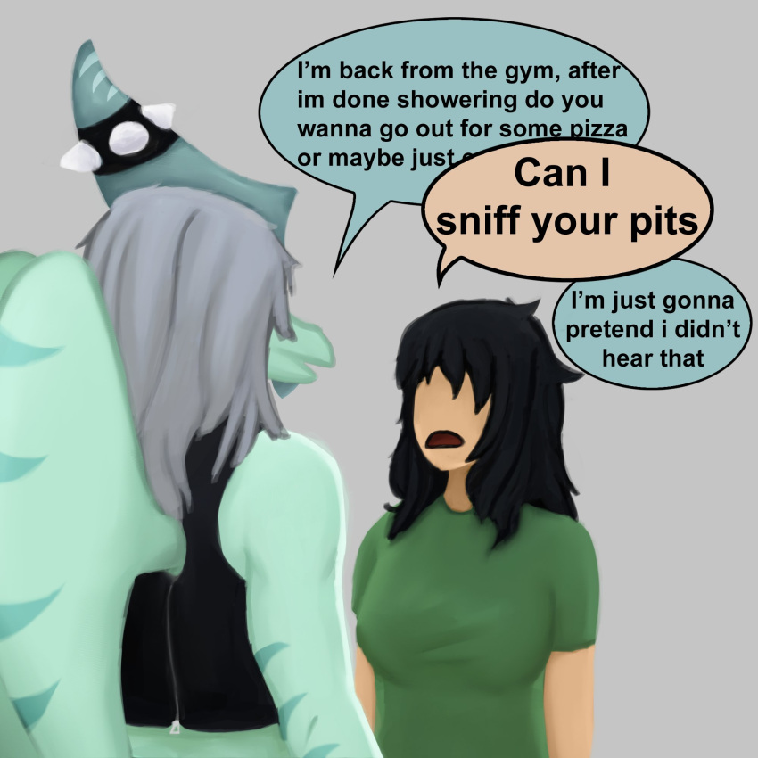 1:1 ahoeforcoffee anon_(snoot_game) anthro black_clothing black_hair black_shirt black_tank_top black_topwear blue_body blue_skin bone_frill breasts clothing crop_top crossgender dinosaur duo english_text faceless_character faceless_female faceless_human fang_(gvh) female female_on_anthro frill_(anatomy) ftm_crossgender goodbye_volcano_high green_clothing green_shirt green_topwear grey_hair hair hi_res human human_on_anthro interspecies larger_anthro larger_male long_hair looking_at_another male male_anthro male_on_human mammal membrane_(anatomy) membranous_wings mtf_crossgender multicolored_body multicolored_skin open_mouth pterodactylus pterosaur reptile scalie shirt size_difference smaller_female smaller_human snoot_game speech_bubble spiked_headwear striped_arms striped_wings stripes t-shirt talking_to_another tank_top text topwear two_tone_body two_tone_skin wings