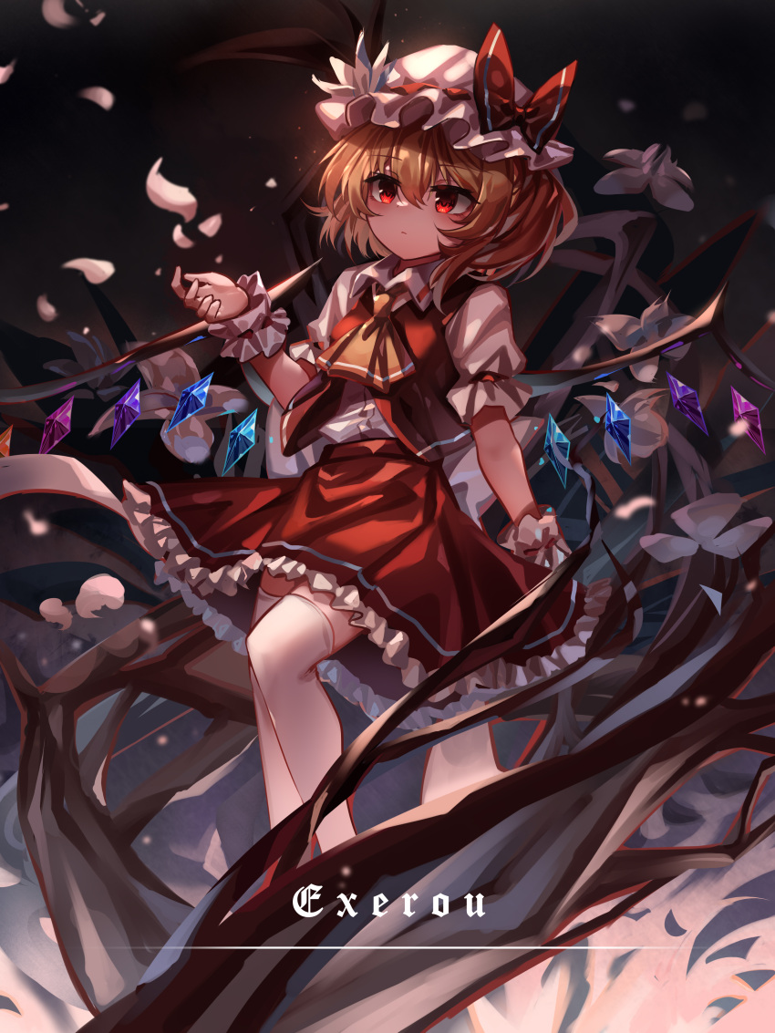 1girl absurdres blonde_hair closed_mouth crystal flandre_scarlet frilled_skirt frills gradient_background hat hat_ribbon highres mob_cap one_side_up red_eyes red_ribbon red_skirt red_vest ribbon shirt short_sleeves signature skirt solo thighhighs top-exerou touhou vest white_headwear white_shirt white_thighhighs wings wrist_cuffs