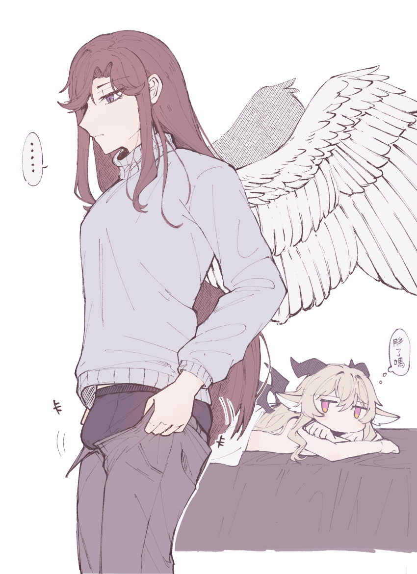 ... 2girls angel_and_devil angel_wings animal_ears bed black_male_underwear black_wings blanket blonde_hair blush breasts brown_hair bulge chibi chinese_commentary chinese_text closed_mouth clothes_pull commentary_request demon_girl demon_horns demon_wings dressing feathered_wings futanari goat_ears grey_pants grey_sweater hair_between_eyes hair_down half-closed_eyes highres horns i've_never_seen_a_guy_recreate_this_successfully_tbh_(meme) jitome long_hair long_sleeves looking_at_another looking_down lying male_underwear medium_breasts meme motion_lines multiple_girls no_mouth nude on_bed on_stomach pants pants_pull pink_eyes purple_eyes rickonrk saijou_claudine shoujo_kageki_revue_starlight sidelocks simple_background speech_bubble spoken_ellipsis standing sweater tendou_maya thought_bubble translation_request turtleneck turtleneck_sweater under_covers underwear very_long_hair white_background white_wings wings