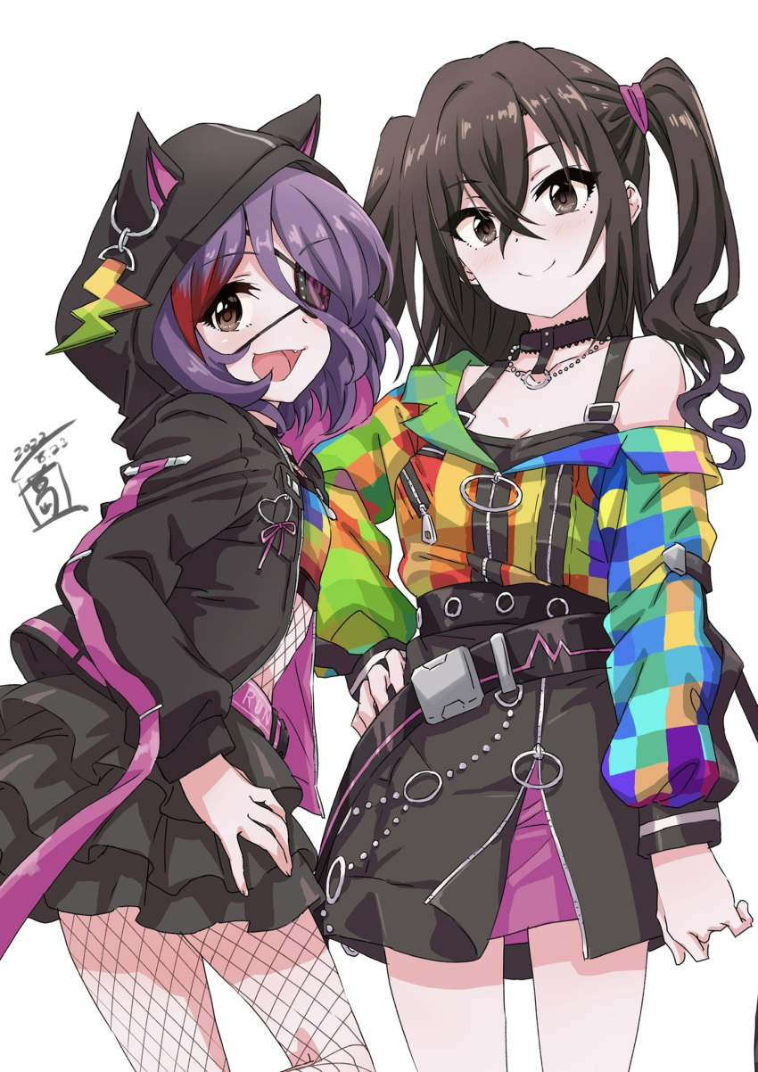 2girls arm_at_side artist_logo belt black_jacket black_skirt breasts brown_eyes brown_hair choker cleavage closed_mouth crossed_bangs dated eyepatch fang feet_out_of_frame fishnet_pantyhose fishnet_top fishnets hand_on_own_hip hayasaka_mirei highres hood hood_up hooded_jacket idolmaster idolmaster_cinderella_girls jacket long_hair long_sleeves mole mole_under_eye multicolored_clothes multicolored_hair multicolored_jacket multiple_girls open_mouth pantyhose purple_hair sekiya_kuzuyu short_hair skirt small_breasts smile snap-fit_buckle standing streaked_hair sunazuka_akira tank_top twintails white_background