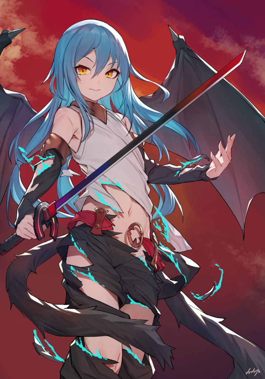 1other arpeggio_kaga bat_wings blue_hair duplicate flying highres holding holding_sword holding_weapon katana long_hair navel pants pixel-perfect_duplicate rimuru_tempest shirt sleeveless solo straight_hair sword tensei_shitara_slime_datta_ken torn_clothes torn_pants torn_shirt weapon wings yellow_eyes