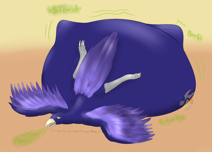 3_toes amber_eyes avian avian_feet belly big_belly bird feathered_wings feathers feet feral hi_res hyper hyper_belly ingeir_palar lying male on_front purple_body purple_feathers smaller_pred solo tail_feathers tan_beak tan_claws toes vore watermark wings