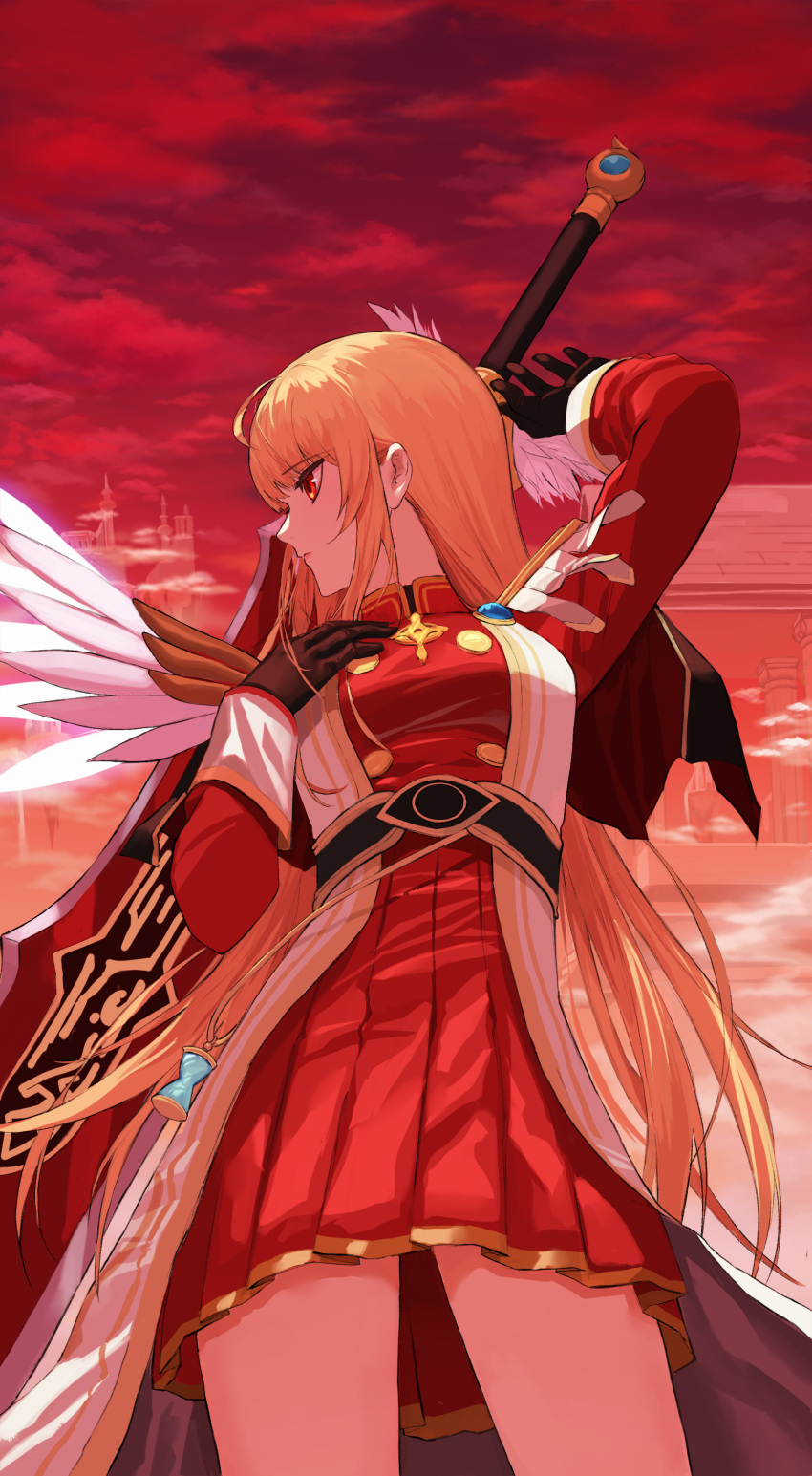 1girl absurdres beta_(maplestory) black_gloves blonde_hair cloud cloudy_sky expressionless gloves greatsword hand_on_own_chest hand_up highres hourglass long_hair looking_to_the_side maplestory planted planted_sword red_eyes red_sky se_tu_(55559229) single_wing sky solo sword thighs uniform upper_body weapon wings