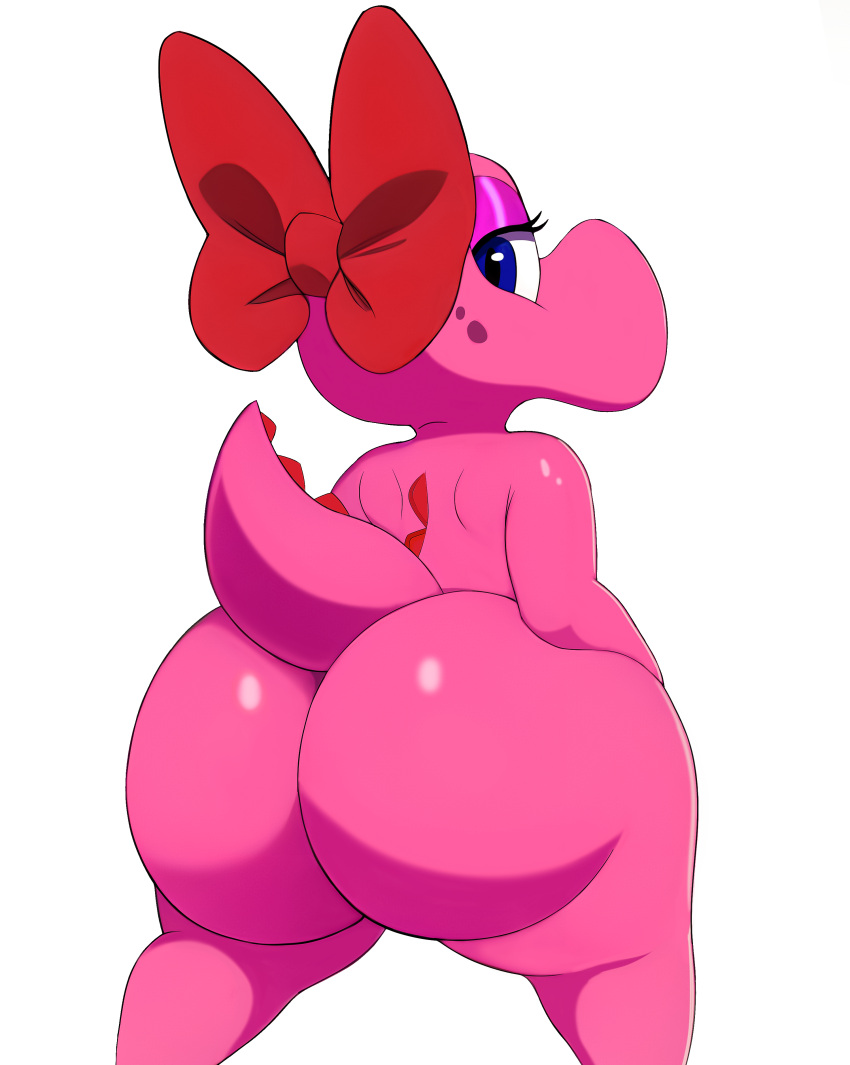 absurd_res ambiguous_gender anthro back_spikes big_butt birdo blue_eyes bow_accessory butt capikeeta eyelashes hi_res huge_butt looking_at_viewer looking_back mario_bros nintendo pink_body pink_eyelids pink_scales portrait rear_view scales scalie short_stack short_tail simple_background solo spiked_tail spikes spikes_(anatomy) tail three-quarter_portrait white_background
