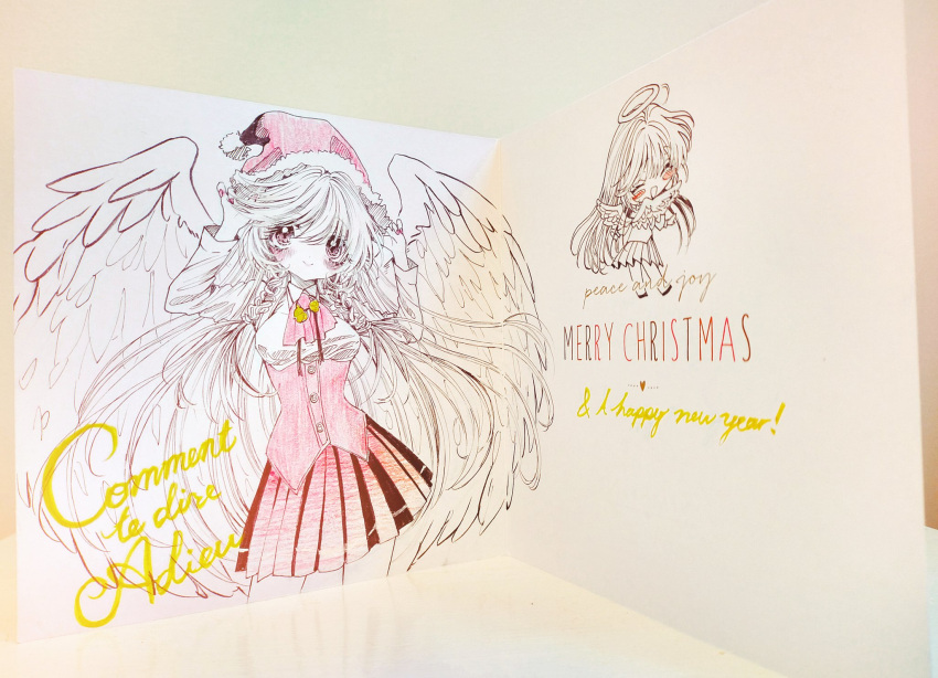 1girl angel angel_wings aya_carmine bell blush blush_stickers chibi christmas christmas_card closed_eyes collared_shirt cowboy_shot english_text feathered_wings french_text full_body halo happy_new_year hat highres jingle_bell long_hair looking_at_viewer millipen_(medium) monochrome multiple_views neck_ribbon open_mouth photo_(medium) pleated_skirt ribbon santa_hat sayonara_wo_oshiete school_uniform shirt skirt smile spot_color sugamo_mutsuki traditional_media underbust very_long_hair wings