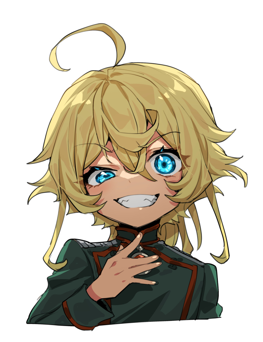 1girl ahoge blonde_hair blue_eyes evil_grin evil_smile gem grin highres looking_at_viewer military military_uniform short_hair_with_long_locks smile tanya_degurechaff uniform yadayada youjo_senki