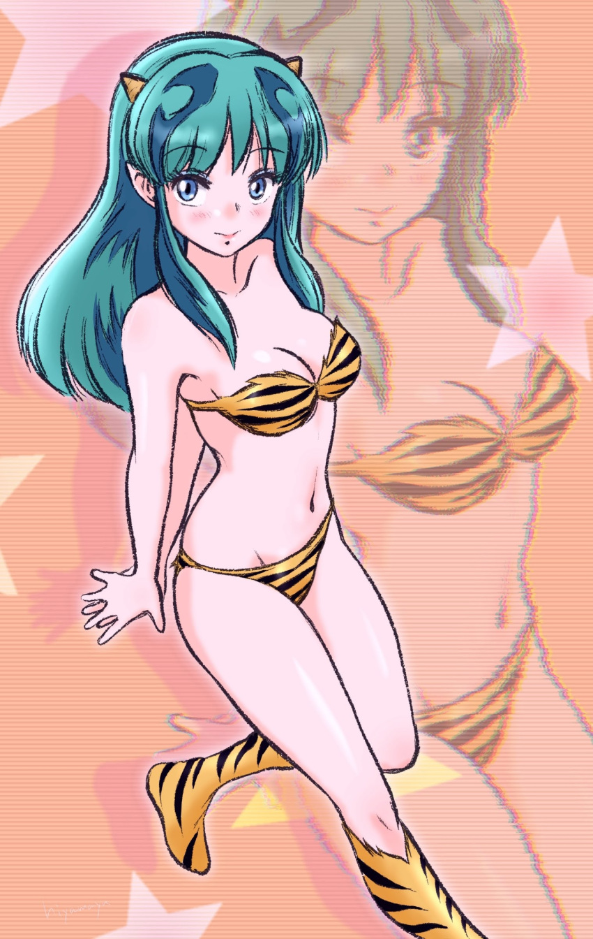 1girl absurdres animal_print arms_behind_back bikini blue_eyes blue_hair breasts closed_mouth fur_bikini highres hiyama_yuu_(wee259hiyama) horns long_hair lum medium_breasts navel oni oni_horns print_bikini print_footwear solo strapless strapless_bikini swimsuit tiger_print urusei_yatsura yellow_bikini