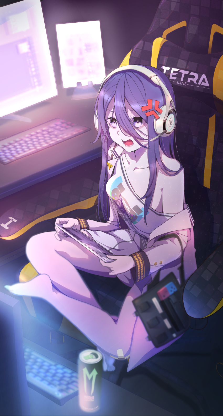 1girl absurdres angry bags_under_eyes black_choker black_hair black_nails chair choker crossed_legs dezi exia_(nikke) feet game_controller_print gaming_chair goddess_of_victory:_nikke hair_between_eyes handheld_game_console headphones headset highres holding holding_handheld_game_console jacket long_hair monster_energy nail_polish off_shoulder open_clothes open_jacket open_mouth playing_games purple_eyes shirt sidelocks sitting solo swivel_chair white_jacket white_shirt