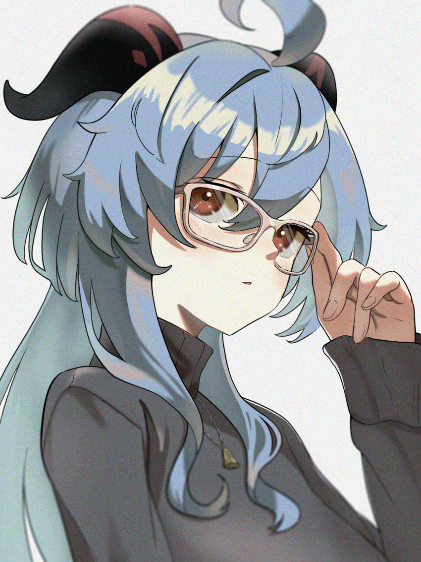 1girl adjusting_eyewear ahoge black_shirt blue_hair commentary_request ganyu_(china_merchants_bank)_(genshin_impact) ganyu_(genshin_impact) genshin_impact glasses goat_horns grey_background hair_between_eyes hand_on_eyewear hand_up highres horns long_hair long_sleeves looking_at_viewer melomelo2468 official_alternate_costume open_mouth red_eyes shirt simple_background solo turtleneck upper_body white-framed_eyewear