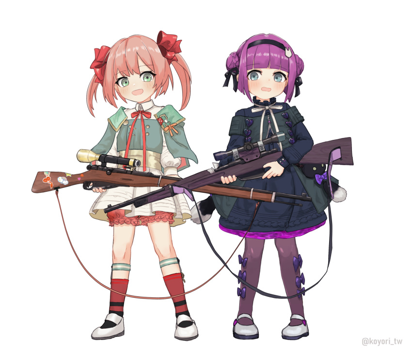 2girls aged_down arched_bangs artist_name black_dress black_hairband black_ribbon black_socks blue_eyes blunt_bangs blush bolt_action bow bow_legwear carcano carcano_m1891_(girls'_frontline) carcano_m1891_(little_brave_cano)_(girls'_frontline) carcano_m91/38_(girls'_frontline) carcano_m91/38_(miss_pinocchio)_(girls'_frontline) cleaning_rod commentary double_bun dress flat_chest full_body girls'_frontline green_eyes gun hair_bun hair_ribbon hairband highres holding holding_gun holding_weapon kamihine long_sleeves mary_janes miniskirt multiple_girls neck_ribbon official_alternate_costume open_mouth pantyhose pink_hair pleated_skirt puffy_long_sleeves puffy_sleeves purple_bow purple_hair purple_pantyhose red_bloomers red_ribbon red_socks ribbon rifle scope shoes short_dress short_hair simple_background skirt sling socks standing star_(symbol) sticker twintails twitter_username two-tone_socks variant_set weapon white_background white_footwear white_ribbon white_skirt