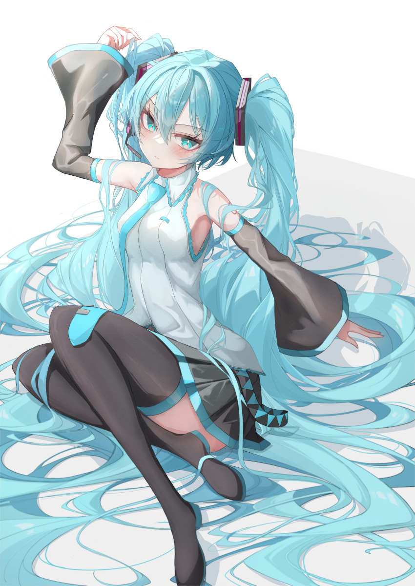 1girl absurdly_long_hair absurdres aqua_eyes aqua_hair aqua_necktie aqua_trim bare_shoulders black_skirt blush boots breasts closed_mouth crossed_legs detached_sleeves double-parted_bangs full_body grey_shirt hair_between_eyes hatsune_miku headset highres kawasuru_(15miclon) lace-trimmed_shirt lace_trim long_hair looking_at_viewer microphone miniskirt necktie pleated_skirt shirt sideboob sitting skirt sleeveless sleeveless_shirt solo thigh_boots tsurime twintails very_long_hair vocaloid zettai_ryouiki