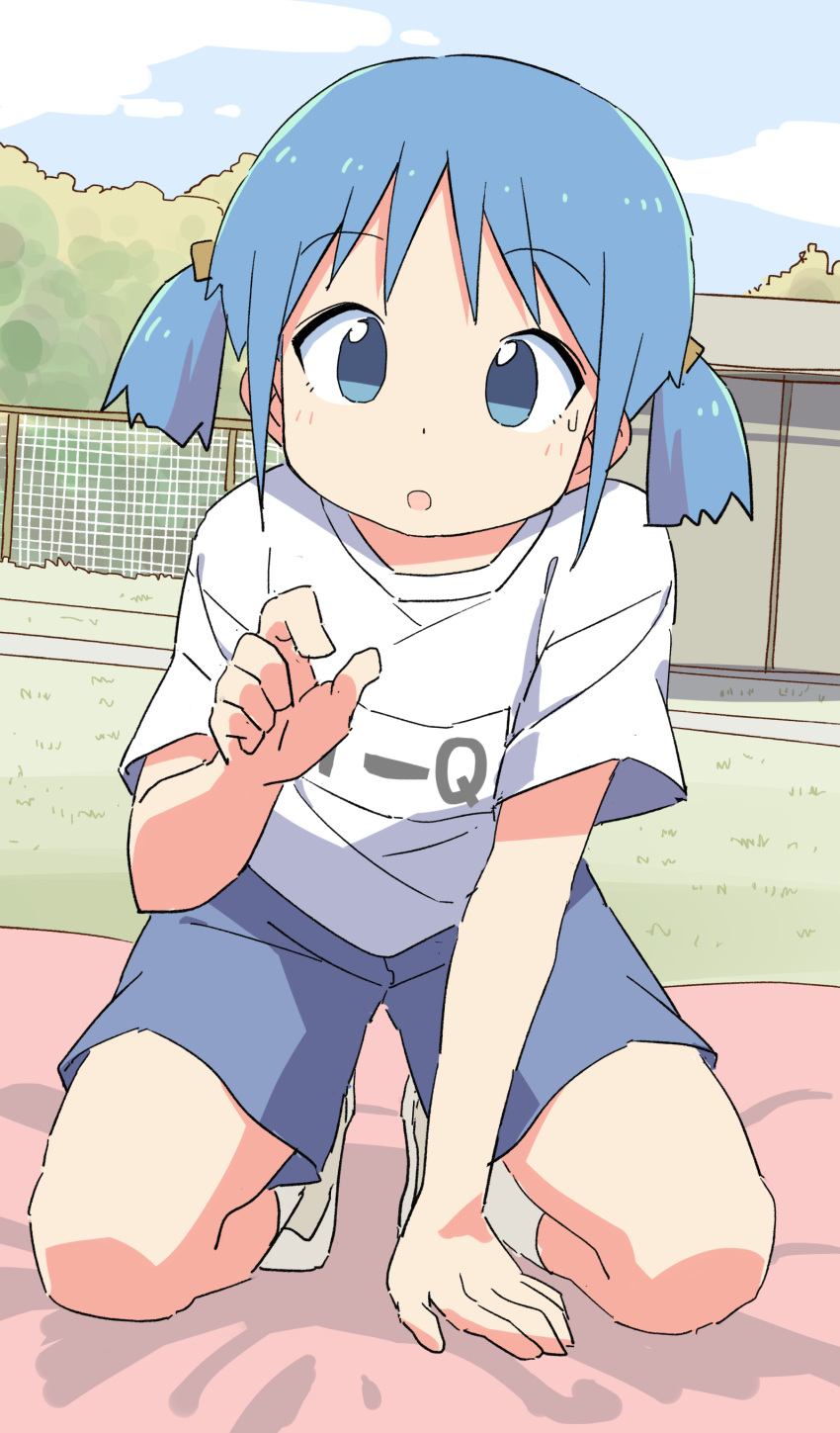 1girl :o absurdres blanket blue_eyes blue_hair blue_shorts clothes_writing cloud commentary cube_hair_ornament curled_fingers fence foliage full_body gym_uniform hair_ornament hand_on_ground hand_up highres kneeling looking_at_viewer naganohara_mio nichijou open_mouth outdoors reaching reaching_towards_viewer roku_no_hito shed shirt shoes short_hair short_sleeves short_twintails shorts sky sneakers socks solo sweatdrop t-shirt twintails white_footwear white_shirt