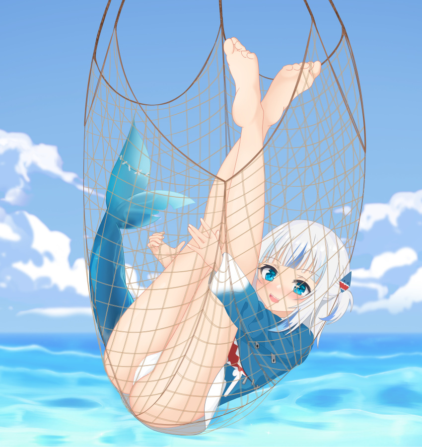 1girl absurdres ass barefoot blue_hoodie blue_sky blush cargo_net cloud entangled feet fins fish_tail fishing_net gawr_gura hair_ornament highres hololive hood hoodie horizon in_net legs legs_up multicolored_hair net no_shoes ocean outdoors panties shark_girl shark_hair_ornament shark_tail sharp_teeth sky soles streaked_hair tail teeth thighs toes tumy underwear virtual_youtuber water waves