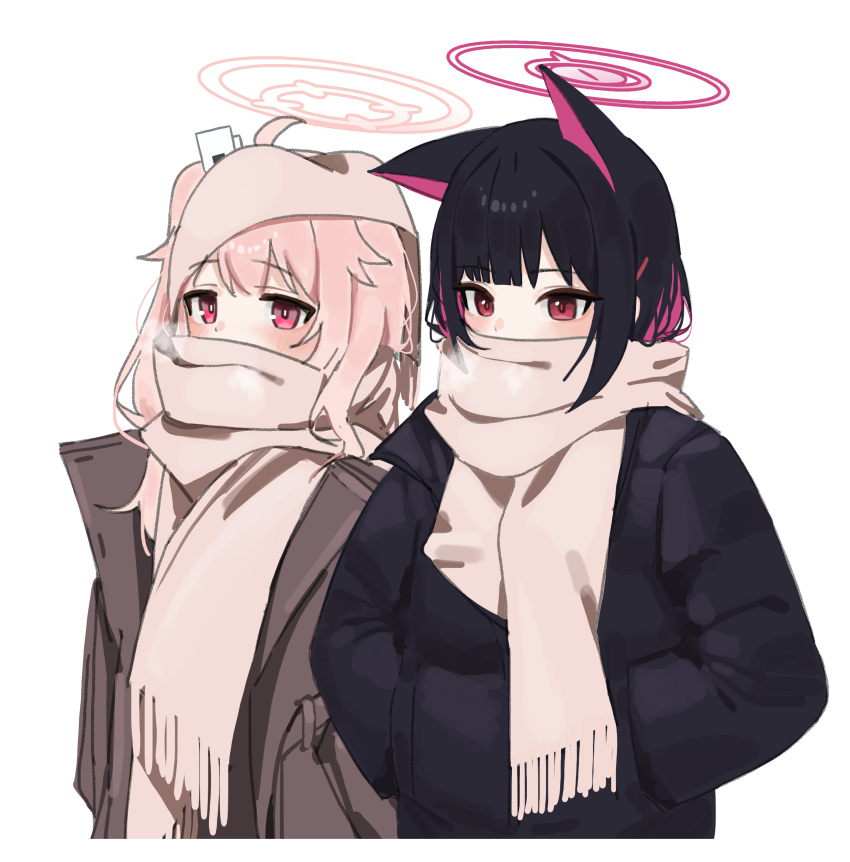 2girls absurdres animal_ears black_hair black_jacket blue_archive brown_coat brown_scarf cat_ears coat colored_inner_hair fringe_trim halo hands_in_pockets highres jacket kazusa_(blue_archive) long_sleeves momocadraw multicolored_hair multiple_girls natsu_(blue_archive) pink_hair pink_halo red_eyes scarf short_hair side_ponytail simple_background upper_body white_background