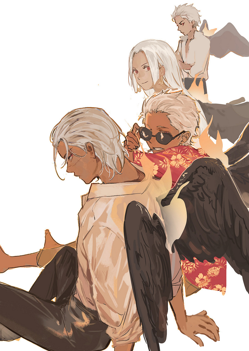 1girl 3boys black_wings chamsut0905 crossed_arms female_child fire highres long_hair looking_at_another looking_at_viewer male_child medium_hair multiple_boys one_piece red_eyes removing_eyewear s-crocodile s-flamingo s-hawk s-snake scar scar_on_face seraphim_(one_piece) shirt short_hair simple_background sitting sketch standing sunglasses white_background white_hair white_shirt wings