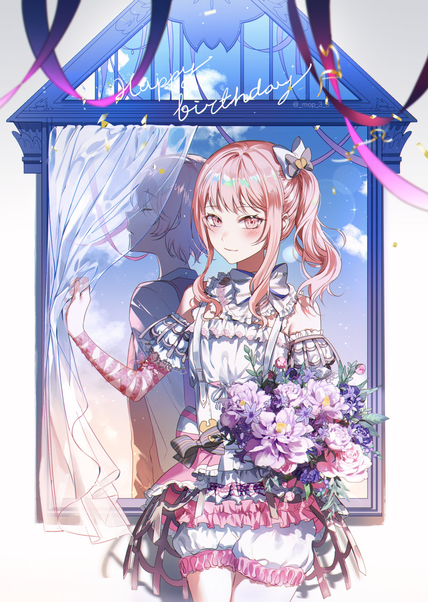 1other absurdres akiyama_mizuki androgynous blush bouquet bow closed_eyes closed_mouth cloud commentary_request confetti cowboy_shot curtains detached_sleeves flower hair_bow happy_birthday highres holding holding_bouquet lace long_hair long_sleeves looking_at_viewer mop_6_6 parted_lips pink_eyes pink_hair pink_ribbon ponytail project_sekai purple_flower ribbon short_hair sidelocks smile upper_body white_bow
