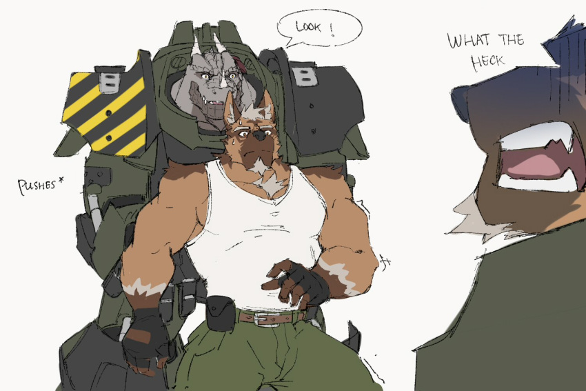 2019 2_horns anthro armor belt biceps blue_eyes bodily_fluids bottomwear brown_body brown_fur brown_scales cables canid canine canis canyne_khai_(character) clothing dialogue domestic_dog dragon english_text facial_hair facial_horn facial_scar fingerless_gloves fur german_shepherd gloves goatee green_armor green_bottomwear green_clothing green_pants grey_body grey_scales group hair handwear herding_dog horn linked_speech_bubble machine male mammal multicolored_body multicolored_scales muscular muscular_anthro muscular_male nose_horn onomatopoeia open_mouth pants pastoral_dog power_armor pushing rex_(saberzelgrath) rourke_(saberzelgrath) saberzelgrath scales scalie scar shirt sound_effects speech_bubble surprised_expression sweat sweatdrop tank_top text topwear trio two_tone_body two_tone_scales white_clothing white_hair white_shirt white_tank_top white_topwear