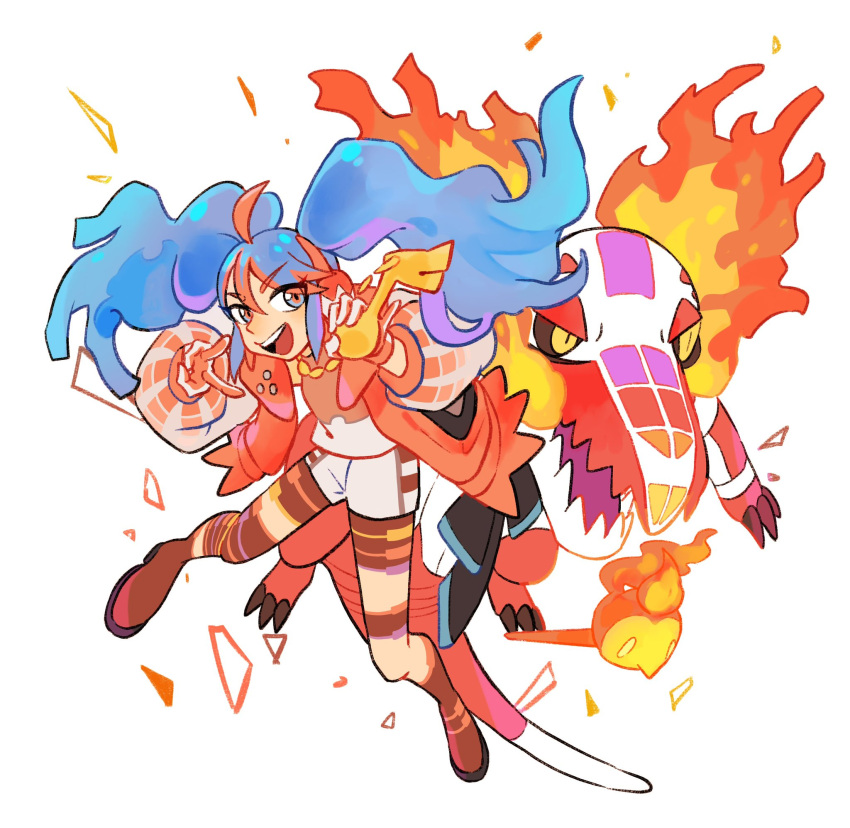 1girl black_sclera blue_hair colored_sclera fire fire_bird_(skeledirge) fire_miku_(project_voltage) full_body hair_between_eyes hatsune_miku highres holding jacket long_hair long_sleeves multicolored_hair nose open_clothes open_jacket open_mouth pokemon pokemon_(creature) project_voltage purple_hair red_hair shorts simple_background skeledirge teeth twintails upper_teeth_only v vocaloid white_background yamifuti yellow_eyes