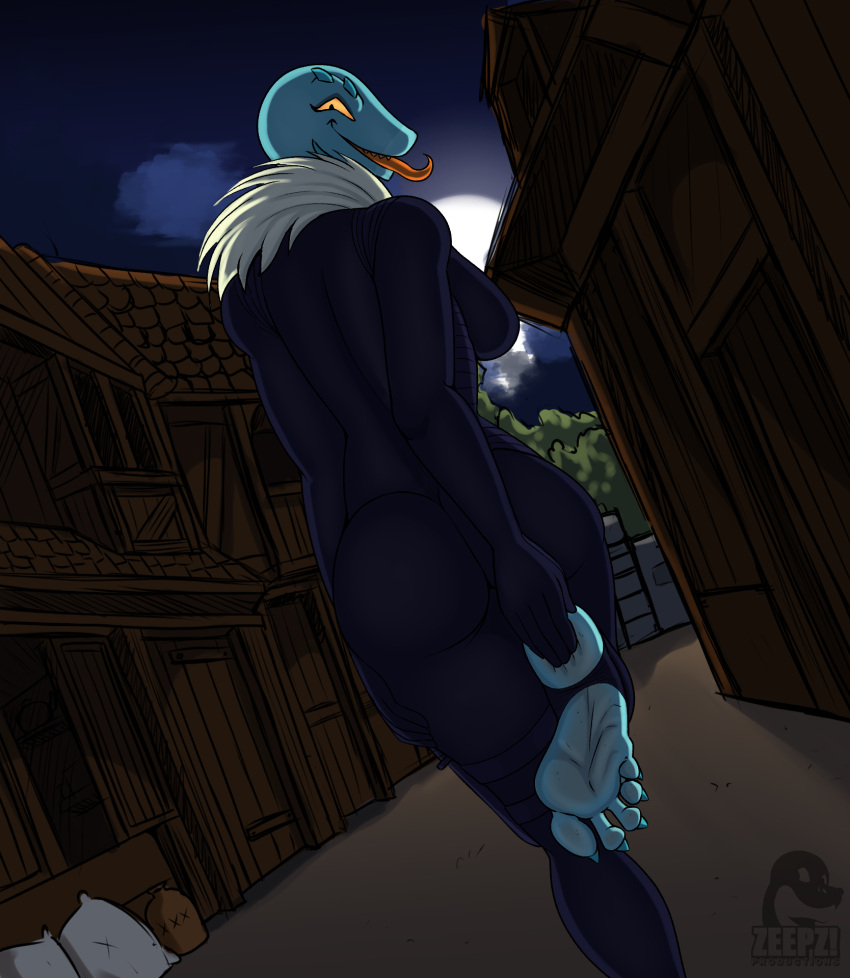 5_toes alley anthro blush body_blush breasts clothing feet female foot_blush haa hi_res humanoid_feet kiihra_(zp92) looking_at_viewer looking_back night plantigrade rear_view reptile scalie skinsuit snake solo stirrup_footwear tight_clothing toes tongue tongue_out zp92