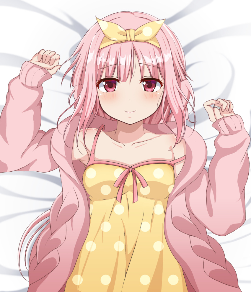 bare_shoulders bed_sheet blunt_bangs bow collarbone comfy dot_nose hair_bow highres kokubou_(nanamikeiroha) long_sleeves magia_record:_mahou_shoujo_madoka_magica_gaiden magical_girl mahou_shoujo_madoka_magica messy_hair pajamas pink_eyes pink_hair shoulder_blush sleepwear sleepy tamaki_iroha yellow_pajamas