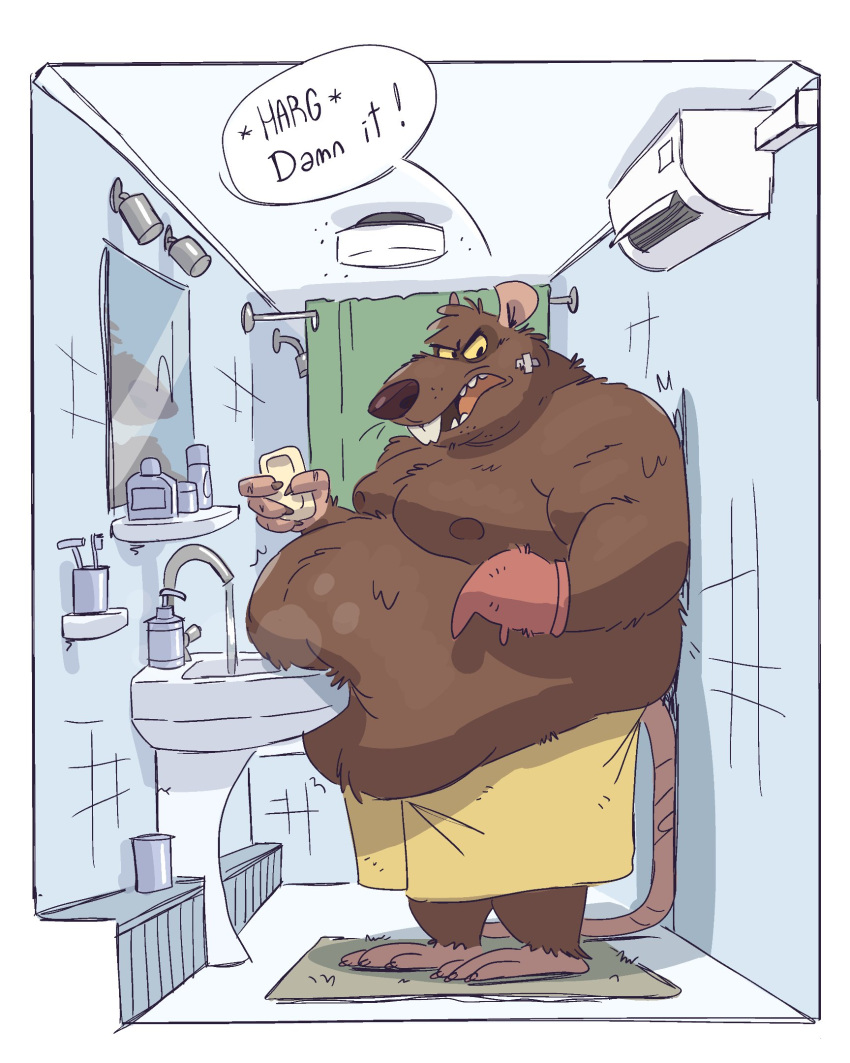 2023 4:5 anthro band-aid bandage bathroom belly big_belly brown_body brown_fur detailed_background dialogue english_text fur hi_res male mammal moobs murid murine nipples obese obese_male overweight overweight_male rat rodent ruffus_woofus solo text towel