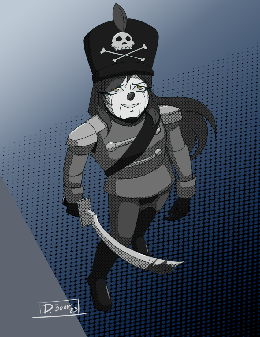 17:22 2023 absurd_res android assassin blood bodily_fluids clothed clothing dated digital_drawing_(artwork) digital_media_(artwork) dotted_background drawbear female fingers front_view glistening glistening_eyes greyscale hair hat headgear headwear hi_res high-angle_view holding_object holding_sword holding_weapon humanoid looking_up machine melee_weapon monochrome not_furry open_mouth open_smile pattern_background restricted_palette robot signature simple_background skull_and_crossbones smile soldier solo standing sword teeth uniform warrior weapon yana_(drawbear)