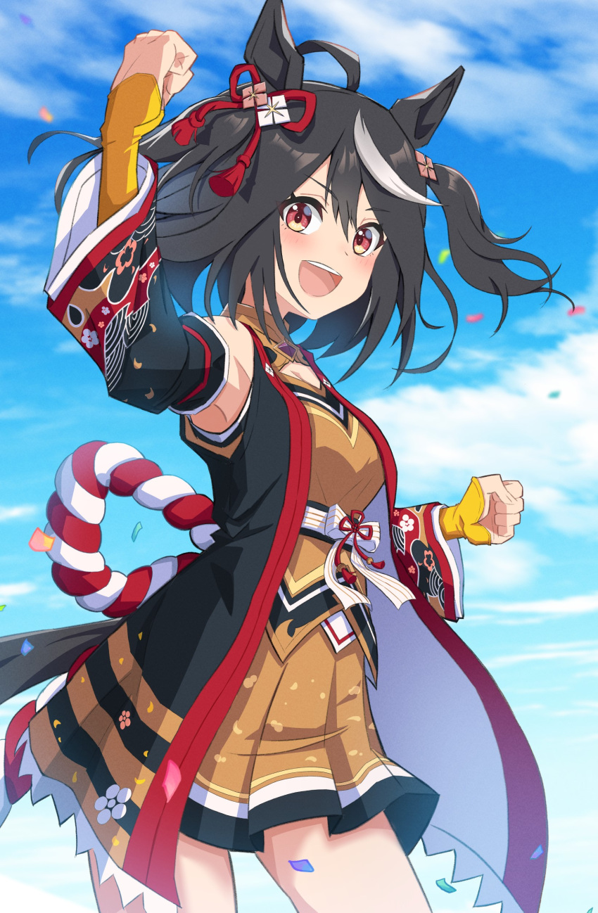 1girl absurdres ahoge animal_ears arm_up armpits black_hair black_kimono blue_sky blush breasts cleavage_cutout clenched_hands clothing_cutout cloud cloudy_sky commentary_request cowboy_shot detached_sleeves floral_print_kimono hair_between_eyes hair_ornament hair_ribbon highres horse_ears horse_girl horse_tail japanese_clothes kimono kitasan_black_(umamusume) kouhaku_nawa large_breasts looking_at_viewer miniskirt multicolored_hair obi open_clothes open_kimono open_mouth orange_shirt orange_skirt orange_trim outdoors partial_commentary pleated_skirt red_eyes red_ribbon ribbon rope sash shimenawa shirt short_hair skirt sky sleeveless sleeveless_kimono smile solo streaked_hair tail teeth thighs toriyoshi_(mmxn3582) two_side_up umamusume v-shaped_eyebrows white_hair