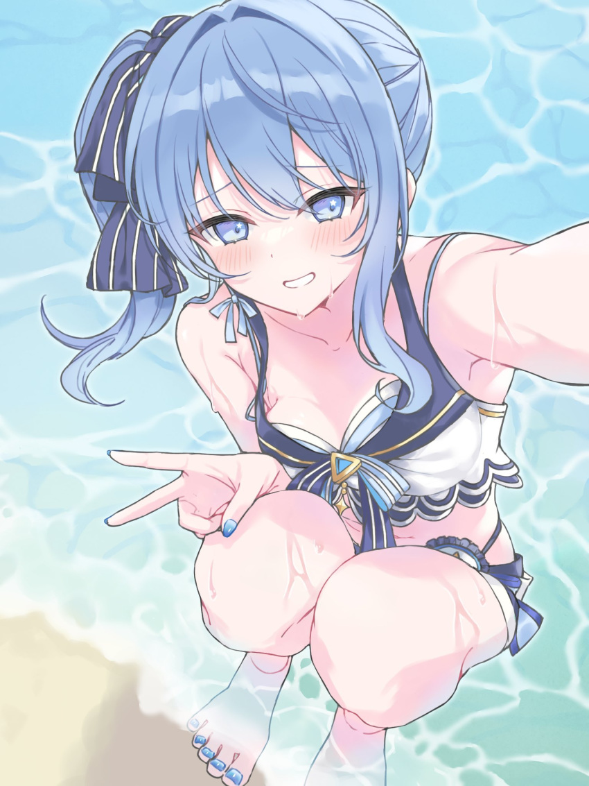 1girl arm_up armpit_crease barefoot beach bikini blue_bikini blue_eyes blue_hair blue_nails blue_ribbon blush breasts collarbone commentary_request day dutch_angle eyelashes feet foot_out_of_frame frilled_bikini frills gold_trim hair_ribbon hand_on_own_knee highres holding hololive hololive_summer_2023_swimsuit hoshimachi_suisei kohaku_(csacu) long_hair looking_at_viewer nail_polish navel outdoors ribbon selfie shadow side_ponytail sidelocks small_breasts smile solo squatting star_(symbol) star_in_eye swimsuit symbol_in_eye teeth thighs toenail_polish toenails toes two-tone_bikini v virtual_youtuber wading water wet white_bikini