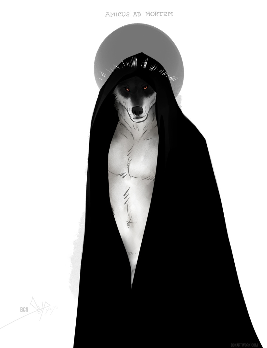 anthro bgn black_cloak canid canine canis death_(puss_in_boots) fur halo hi_res male mammal red_eyes slim_male solo white_body white_fur wolf