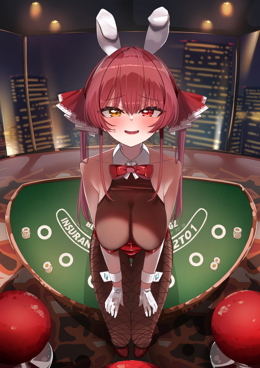 1girl absurdres animal_ears blush bodystocking breasts cityscape cleavage fake_animal_ears fishnet_pantyhose fishnets gloves hair_ribbon heterochromia highres hololive houshou_marine leotard long_hair looking_at_viewer open_mouth pantyhose playboy_bunny poker_chip poker_table rabbit_ears red_eyes red_hair red_leotard red_ribbon ribbon smile solo table twintails virtual_youtuber white_gloves white_wrist_cuffs yellow_eyes yuzuyukiha