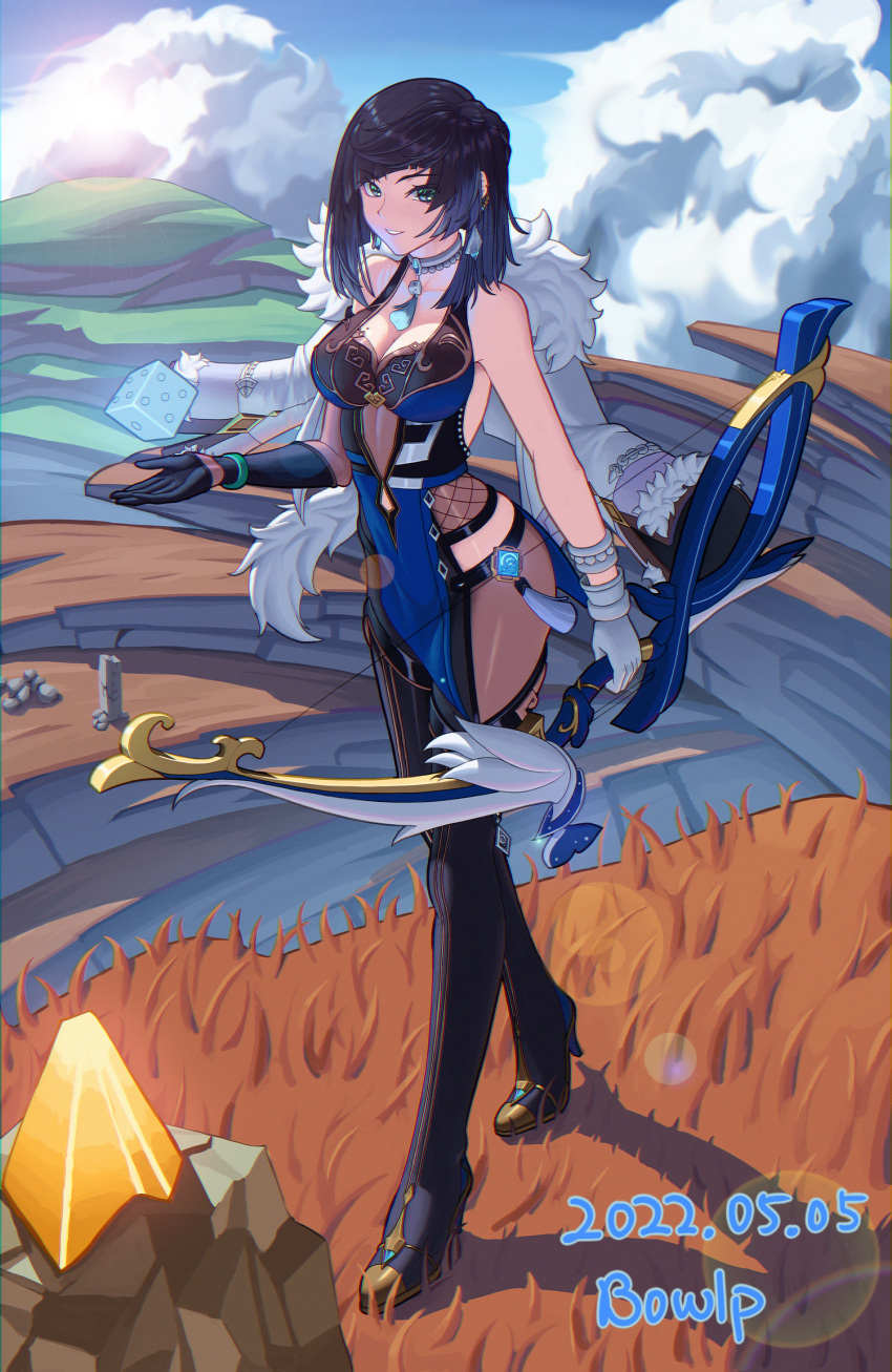 1girl artist_name asymmetrical_gloves bare_shoulders black_gloves black_hair black_pants blue_hair bowlp breasts cleavage commentary_request cor_lapis_(genshin_impact) dated dice full_body genshin_impact gloves gradient_background grass grin highres large_breasts leggings looking_at_viewer mismatched_gloves outdoors pants signature sleeveless smile solo standing white_gloves yelan_(genshin_impact)