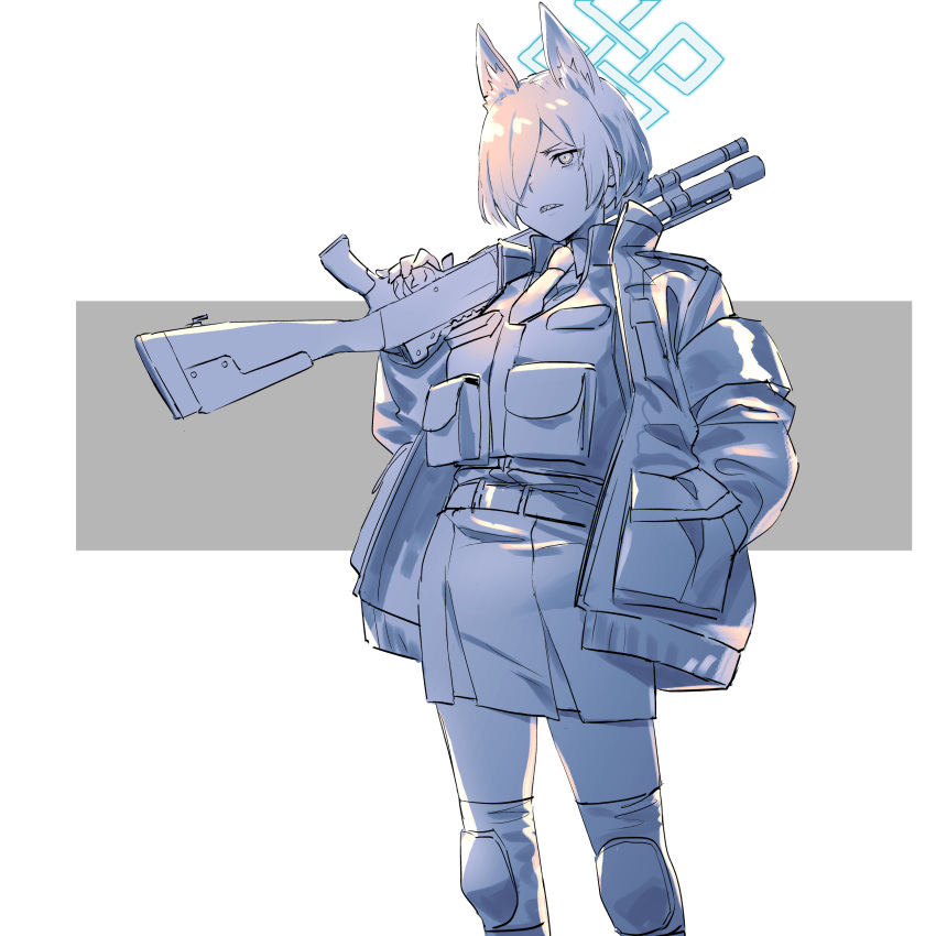 1girl absurdres alternate_hairstyle animal_ear_fluff animal_ears armband belt blue_archive carrying_over_shoulder clenched_teeth coat collared_shirt extra_ears feet_out_of_frame gun hair_over_one_eye hand_in_pocket highres holding holding_gun holding_weapon kanna_(blue_archive) knee_pads load_bearing_vest long_sleeves miniskirt necktie ningen_(ningen96) open_clothes open_coat sharp_teeth shirt short_hair shotgun sidelocks skirt solo spot_color standing teeth weapon