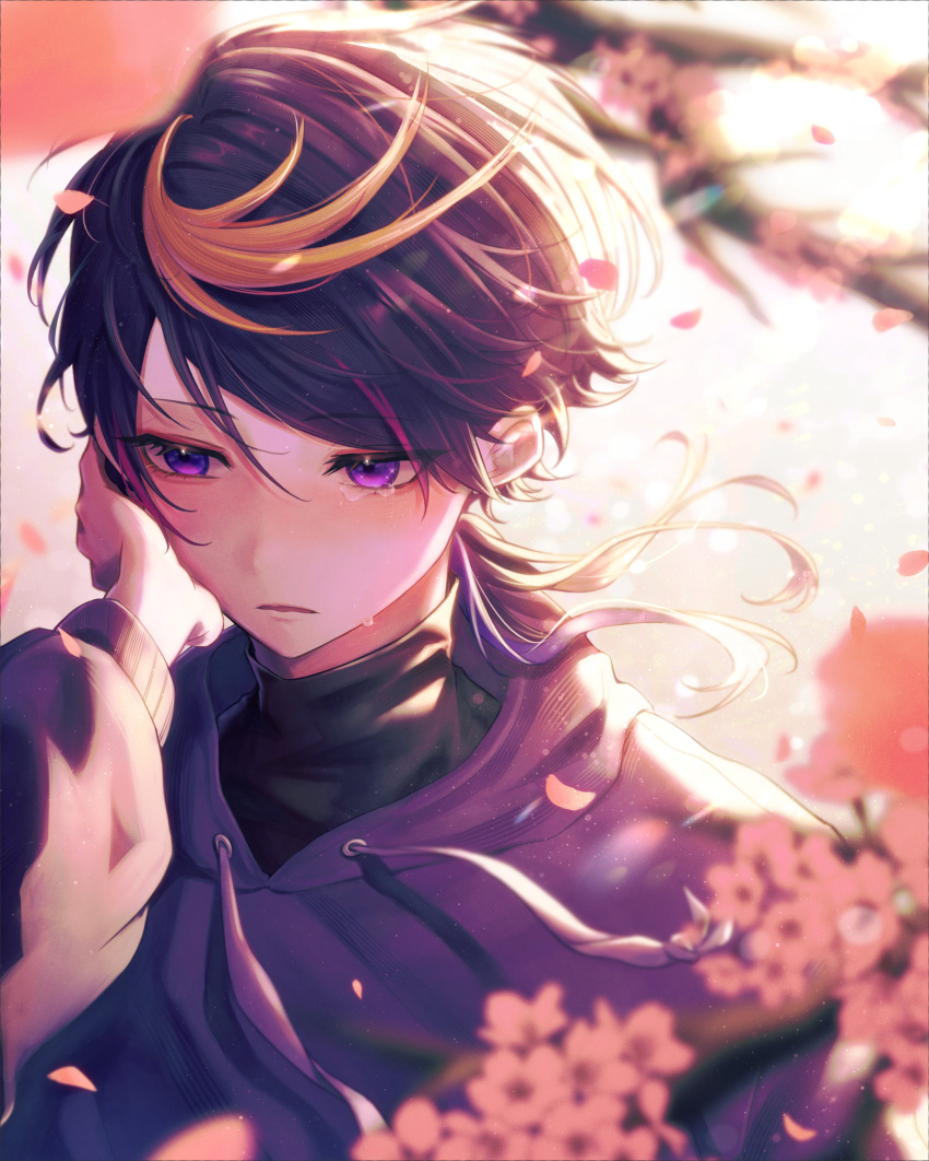 1boy absurdres backlighting black_hair black_shirt blonde_hair blurry blurry_foreground blush branch cherry_blossoms commentary crying depth_of_field drawstring english_commentary eyelashes falling_petals floating_hair flower frown hand_on_own_face hand_up highres hood hood_down hoodie light_particles long_hair long_sleeves looking_away male_focus mochigome_(yum) multicolored_hair nijisanji nijisanji_en open_mouth parted_bangs petals pink_hair purple_eyes purple_hair purple_hoodie shirt shu_yamino sidelocks solo streaked_hair swept_bangs tears turtleneck upper_body virtual_youtuber white_flower