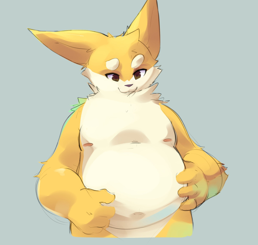 anthro brown_eyes countershading fur grey_background head_tuft hi_res male mammal navel neck_tuft nipples nude overweight overweight_male portrait simple_background smite_(artist) smite_(character) solo three-quarter_portrait tuft white_body white_countershading yellow_body yellow_fur