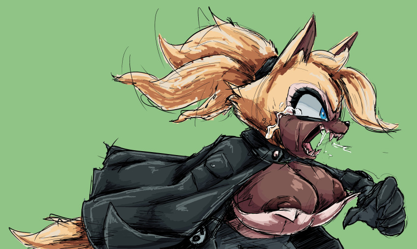 accidental_exposure angry angry_expression anthro big_breasts blue_eyes bodily_fluids bottomwear breasts canid canine canis cleavage clothed clothing coat female fur gloves hair handwear hi_res idw_publishing mammal nipple_slip pants ponytail saliva saliva_string sega sharp_teeth shirt solo sonic_the_hedgehog_(comics) sonic_the_hedgehog_(idw) sonic_the_hedgehog_(series) tascom tears tears_of_rage teeth topwear whisper_the_wolf wolf yellow_body yellow_fur