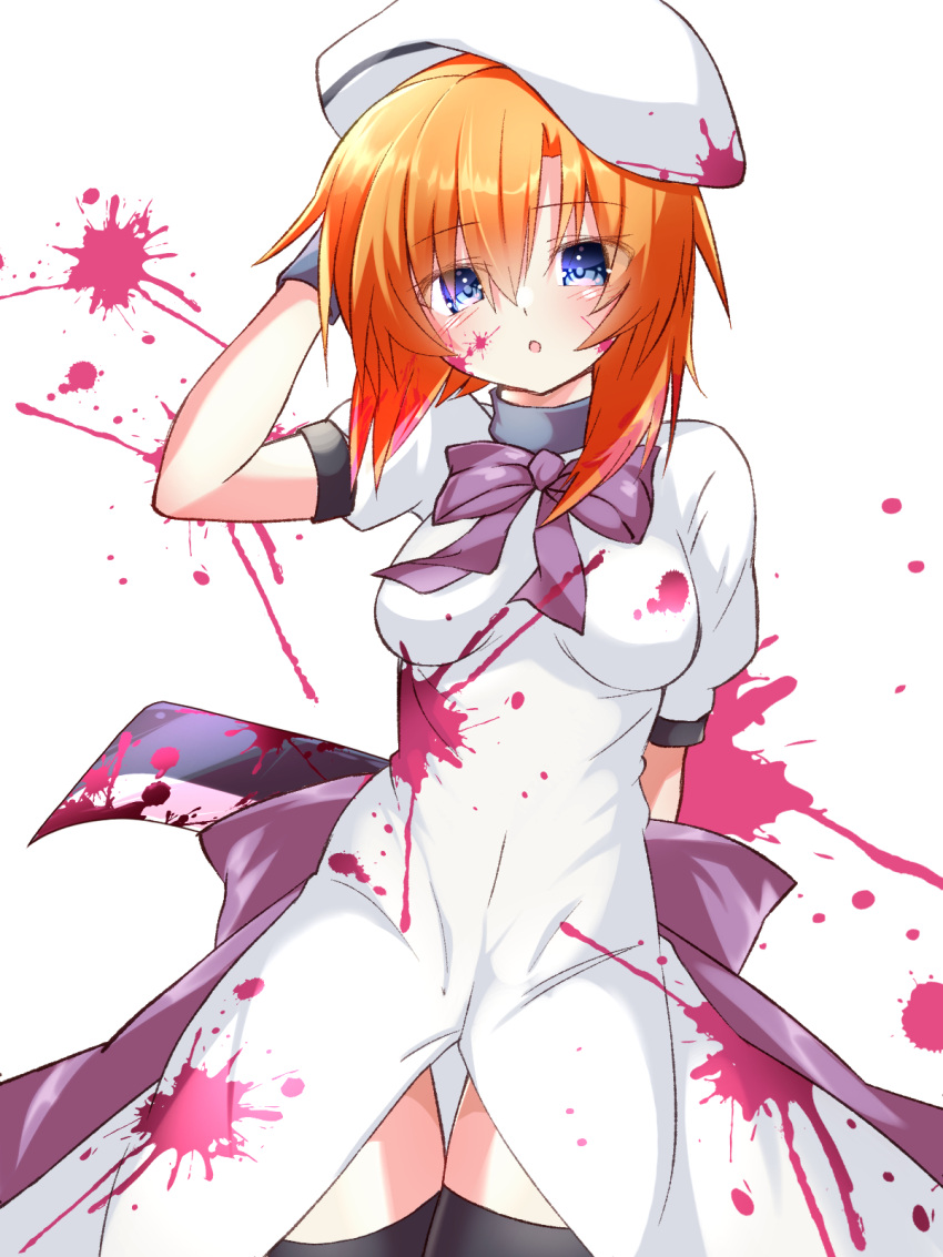 1girl 3105lave beret billhook black_thighhighs blood blood_on_clothes blood_on_face blue_eyes blush bow bowtie breasts commentary_request cowboy_shot dress hair_between_eyes hand_on_headwear hat highres higurashi_no_naku_koro_ni holding looking_at_viewer medium_breasts open_mouth orange_hair puffy_short_sleeves puffy_sleeves purple_bow ribbon ryuuguu_rena short_hair short_sleeves simple_background solo thigh_gap thighhighs waist_bow weapon weapon_behind_back white_background white_dress white_headwear zettai_ryouiki