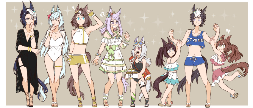 ! !! !? 6+girls ^_^ aged_down alternate_costume animal_ears asuka_(junerabitts) bare_shoulders bikini black_dress black_hair black_one-piece_swimsuit blue_bikini blue_hair border braid braided_bun brown_background brown_hair closed_eyes crown_braid dress ear_flower eyewear_on_head food frilled_bikini frills full_body gold_ship_(run_revolt_launcher)_(umamusume) gold_ship_(umamusume) hair_bun hair_down hair_ornament hairclip highres holding holding_food horse_ears horse_girl horse_tail long_hair looking_at_another mejiro_ardan_(umamusume) mejiro_bright_(umamusume) mejiro_dober_(umamusume) mejiro_family_(umamusume) mejiro_mcqueen_(ripple_fairlady)_(umamusume) mejiro_mcqueen_(umamusume) mejiro_palmer_(umamusume) mejiro_ramonu_(umamusume) mejiro_ryan_(umamusume) midriff multicolored_hair multiple_girls navel official_alternate_costume official_alternate_hairstyle one-piece_swimsuit pink_bikini ponytail purple_eyes purple_hair sandals seaweed short_hair shorts simple_background single_hair_bun streaked_hair sunglasses super_smashing_summer_vacation_(umamusume) swimsuit tail tinted_eyewear two-tone_hair umamusume water_gun white_border white_hair white_one-piece_swimsuit yakisoba yellow-framed_eyewear yellow_eyes yellow_shorts