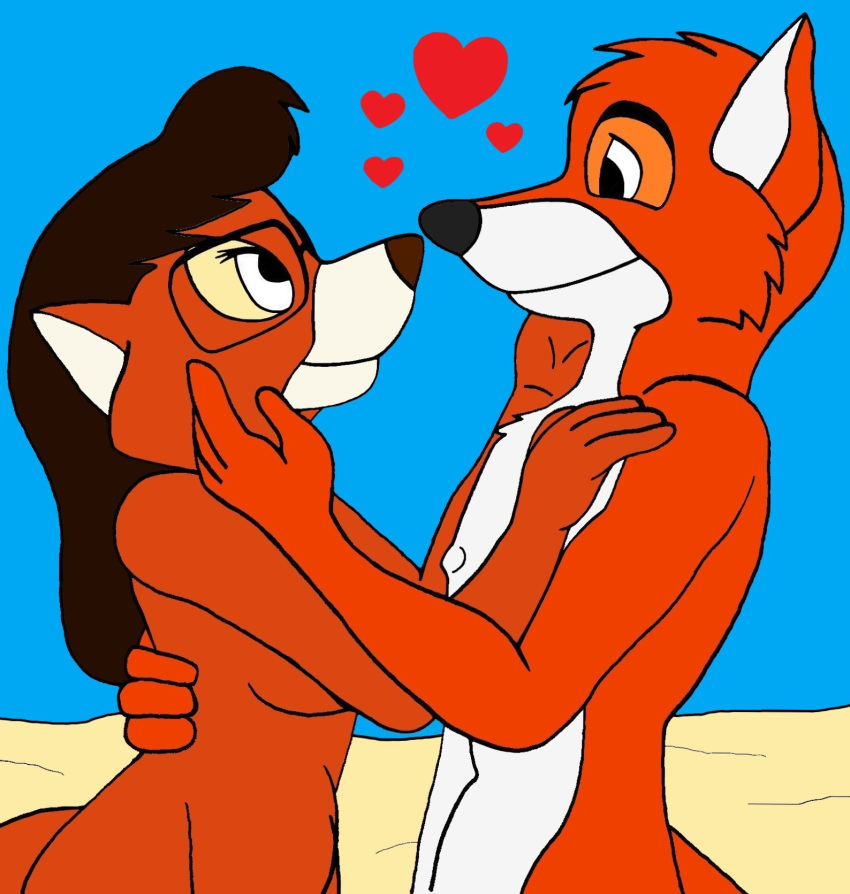 brown_body brown_fur brown_hair canid canine disney duo embrace eye_contact eyewear female feral fox fur glasses hair happy hi_res hug looking_at_another love male male/female mammal myra_foxworthy nude red_body red_fur rollriver smile talespin