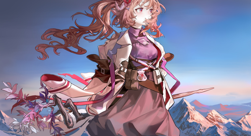 1girl absurdres animal_ears arknights awakeningdog black_skirt blue_sky breasts brown_hair collared_shirt cowboy_shot evening eyjafjalla_(arknights) eyjafjalla_the_hvit_aska_(arknights) hair_over_mouth highres holding holding_staff horns id_card jacket jacket_on_shoulders lapels long_hair long_sleeves looking_afar official_alternate_costume open_clothes open_jacket outdoors pouch purple_shirt red_eyes sheep_ears sheep_girl sheep_horns shirt skirt sky small_breasts solo staff weapon_behind_back white_jacket