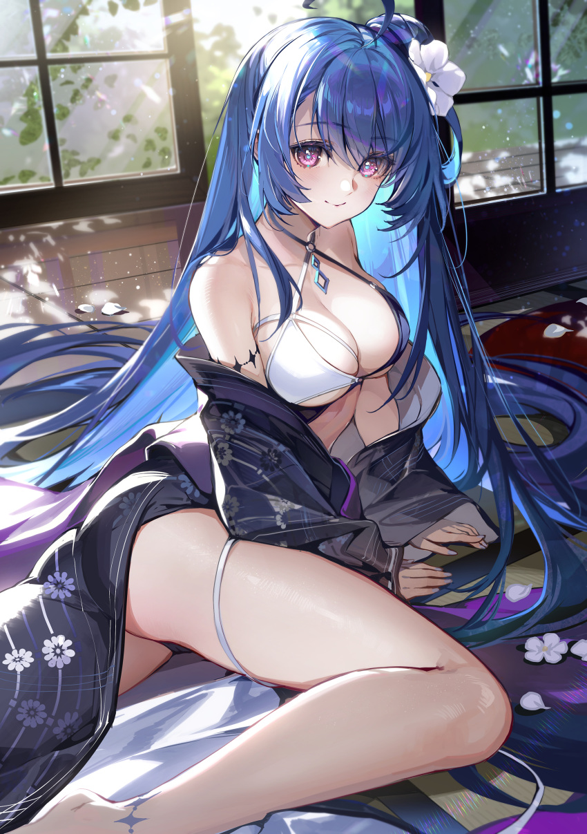 1girl absurdres ahoge akizero1510 azur_lane bikini black_kimono blue_hair breasts criss-cross_halter floral_print flower hair_bun hair_flower hair_ornament halterneck helena_(azur_lane) helena_(shimmering_triangle_wave)_(azur_lane) highres indoors japanese_clothes kimono large_breasts long_hair looking_at_viewer multicolored_clothes multicolored_swimsuit official_alternate_costume open_clothes open_kimono purple_eyes sidelocks smile solo swimsuit swimsuit_under_clothes two-tone_bikini very_long_hair