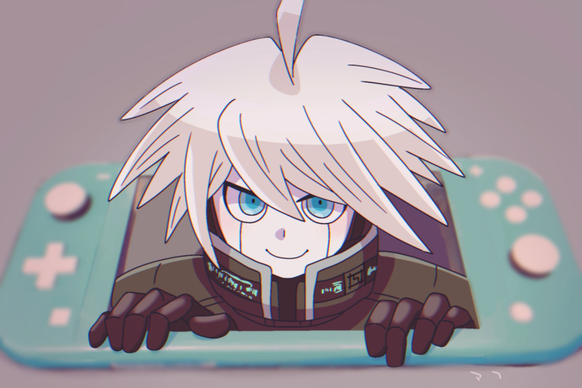 1boy ahoge android closed_mouth colored_skin danganronpa_(series) danganronpa_v3:_killing_harmony green_eyes grey_background grey_hair hair_between_eyes hands_up highres k1-b0 mufksin nintendo_switch power_armor simple_background smile solo white_skin