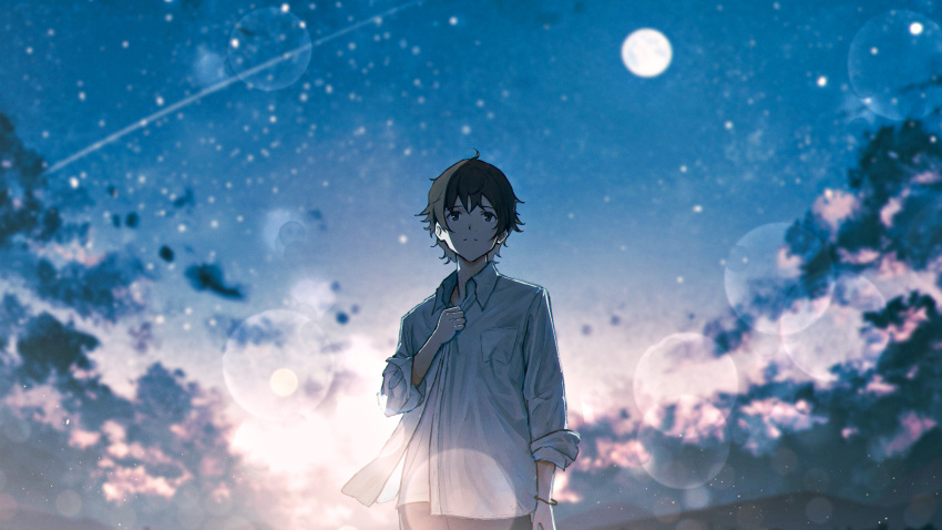 1boy absurdres ahoge black_eyes black_hair bracelet breast_pocket closed_mouth cloud cloudy_sky collared_shirt evening frown hair_between_eyes hand_on_own_chest highres jewelry lens_flare long_bangs long_sleeves looking_ahead male_focus oka_kojiro open_collar original outdoors pocket scenery shirt shooting_star short_hair sidelocks sky sleeves_rolled_up solo star_(sky) starry_sky upper_body white_shirt