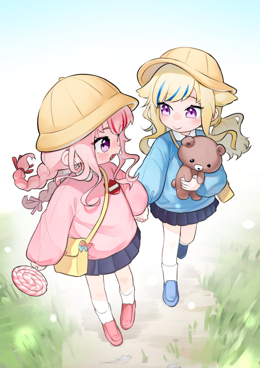 2girls aged_down bag blonde_hair blue_hair blue_shirt blush braid candy commentary_request food frogsnake full_body hat highres himehina_channel holding holding_candy holding_food holding_hands holding_lollipop holding_stuffed_toy kindergarten_bag kindergarten_uniform lollipop long_hair long_sleeves looking_at_another multicolored_hair multiple_girls open_mouth pink_hair pink_shirt purple_eyes red_hair school_hat shirt shoulder_bag smile smock stuffed_animal stuffed_toy suzuki_hina swirl_lollipop tanaka_hime teddy_bear twin_braids two-tone_hair virtual_youtuber yellow_headwear