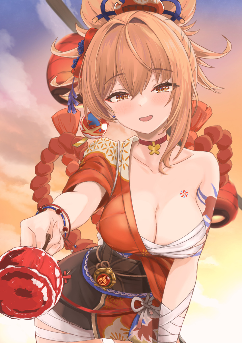 1girl :d arm_support arm_tattoo bandaged_arm bandaged_leg bandages bracelet breasts candy candy_apple chest_tattoo choker cleavage cloud cloudy_sky collarbone commentary_request food genshin_impact hadanugi_dousa hair_between_eyes hair_ornament highres holding holding_candy holding_food japanese_clothes jewelry kimono leaning_forward light_brown_hair long_hair looking_at_viewer obi orange_eyes outdoors pendant_choker ponytail pouch reaching reaching_towards_viewer red_choker rope sarashi sash shimenawa short_kimono sidelocks sky smile solo tattoo twilight vision_(genshin_impact) yamayama3246 yoimiya_(genshin_impact)