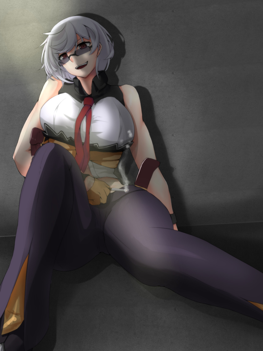1girl against_wall black_pants breasts cigarette commentary_request foot_out_of_frame girls'_frontline gloves grey_hair highres holding holding_cigarette holstered knife large_breasts looking_at_viewer necktie no_headwear no_jacket open_mouth pants red_eyes red_necktie shadow shirt short_hair sitting sleeveless sleeveless_shirt smile smoke solo sunglasses teeth thompson_(girls'_frontline) uminchu_oh upper_teeth_only weapon white_shirt yellow_gloves