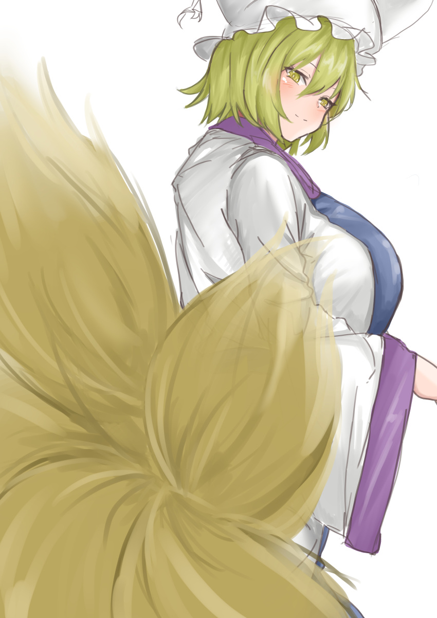 absurdres blonde_hair blue_tabard blush breasts commentary_request dress fox_girl fox_tail from_behind hat highres kuraki large_breasts long_sleeves mob_cap multiple_tails short_hair standing tabard tail touhou white_background white_dress wide_sleeves yakumo_ran