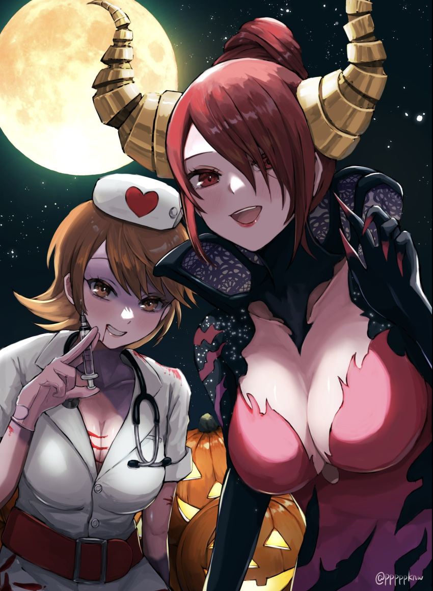 2girls alternate_costume alternate_hairstyle belt belt_buckle blood blood_from_mouth breasts brown_eyes brown_hair buckle cleavage commentary_request demon_horns fake_blood fake_horns gloves grin hair_over_one_eye halloween halloween_costume hat highres holding holding_syringe horns jack-o'-lantern kirijou_mitsuru large_breasts leotard medium_breasts mixed-language_commentary moon multiple_girls night night_sky nurse nurse_cap persona persona_3 pink_gloves pppppknw pumpkin red_belt red_eyes red_hair red_leotard short_hair sky smile star_(sky) swept_bangs syringe takeba_yukari teeth upper_teeth_only white_headwear