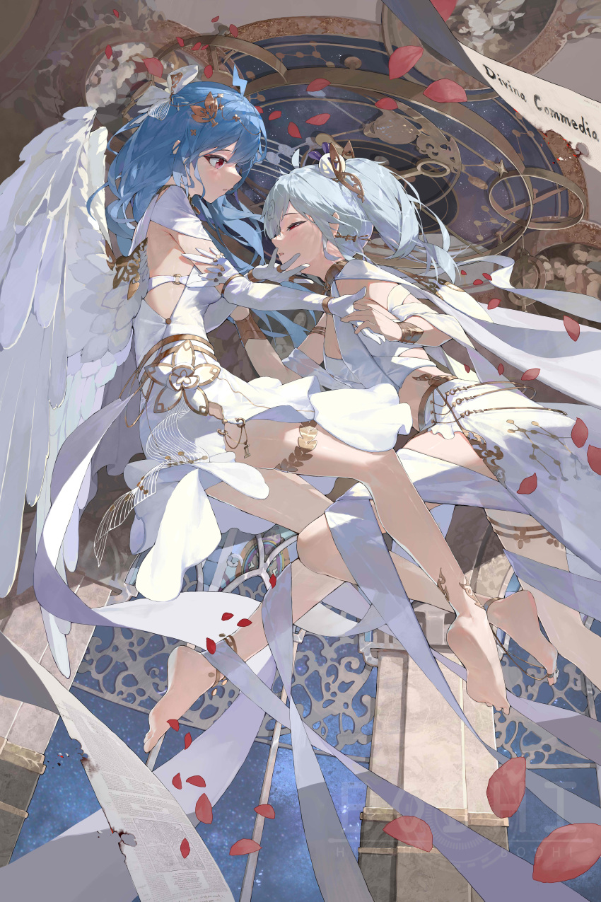 2girls absurdres barefoot bili_girl_22 bili_girl_33 bilibili blue_hair bodhi_wushushenghua chinese_commentary closed_eyes closed_mouth commentary_request dress elbow_gloves feathered_wings gloves hair_ornament hand_on_another's_chin highres long_hair looking_at_another multiple_girls red_eyes white_dress white_gloves white_hair white_wings wings