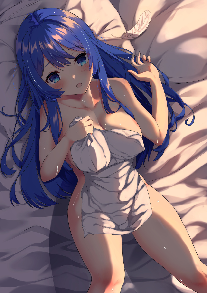 1girl absurdres ambasa blue_eyes blue_hair blush breasts caeda_(fire_emblem) cleavage commentary_request commission feet_out_of_frame fire_emblem fire_emblem:_mystery_of_the_emblem fire_emblem:_shadow_dragon_and_the_blade_of_light highres large_breasts long_hair lying naked_towel on_back open_mouth skeb_commission towel