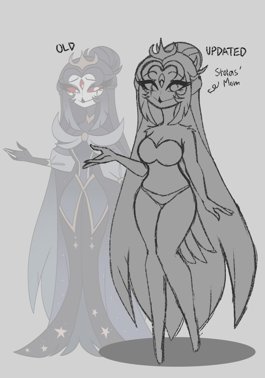 anthro avian bird black_text breasts clothing crown dress female grey_background hair headgear hi_res long_hair looking_at_viewer owl owl_demon queen_octavia_(teathekook) red_eyes simple_background slightly_chubby smile solo standing teathekook text underwear white_face